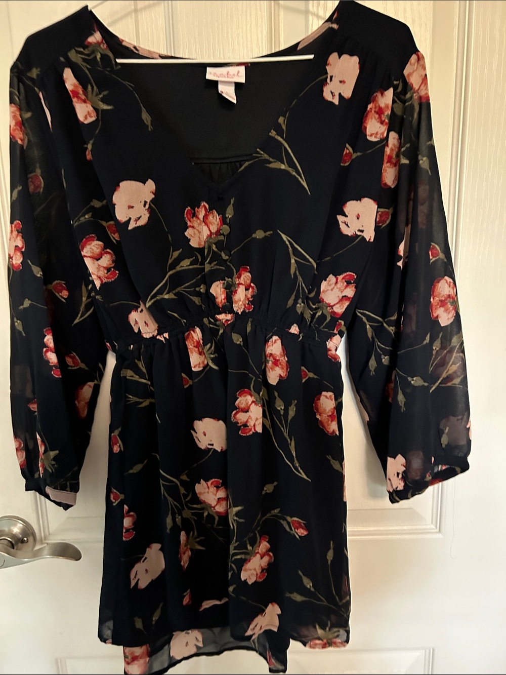 Floral V-Neck Smocked Maternity Blouse - Black with Floral print